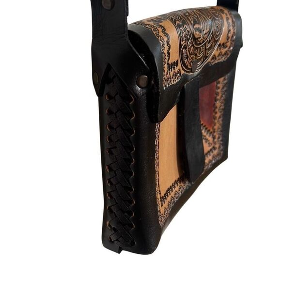 Leather Embossed Floral Western Style Handmade Mexico Crossbody Bag Black Tan - Picture 4 of 10